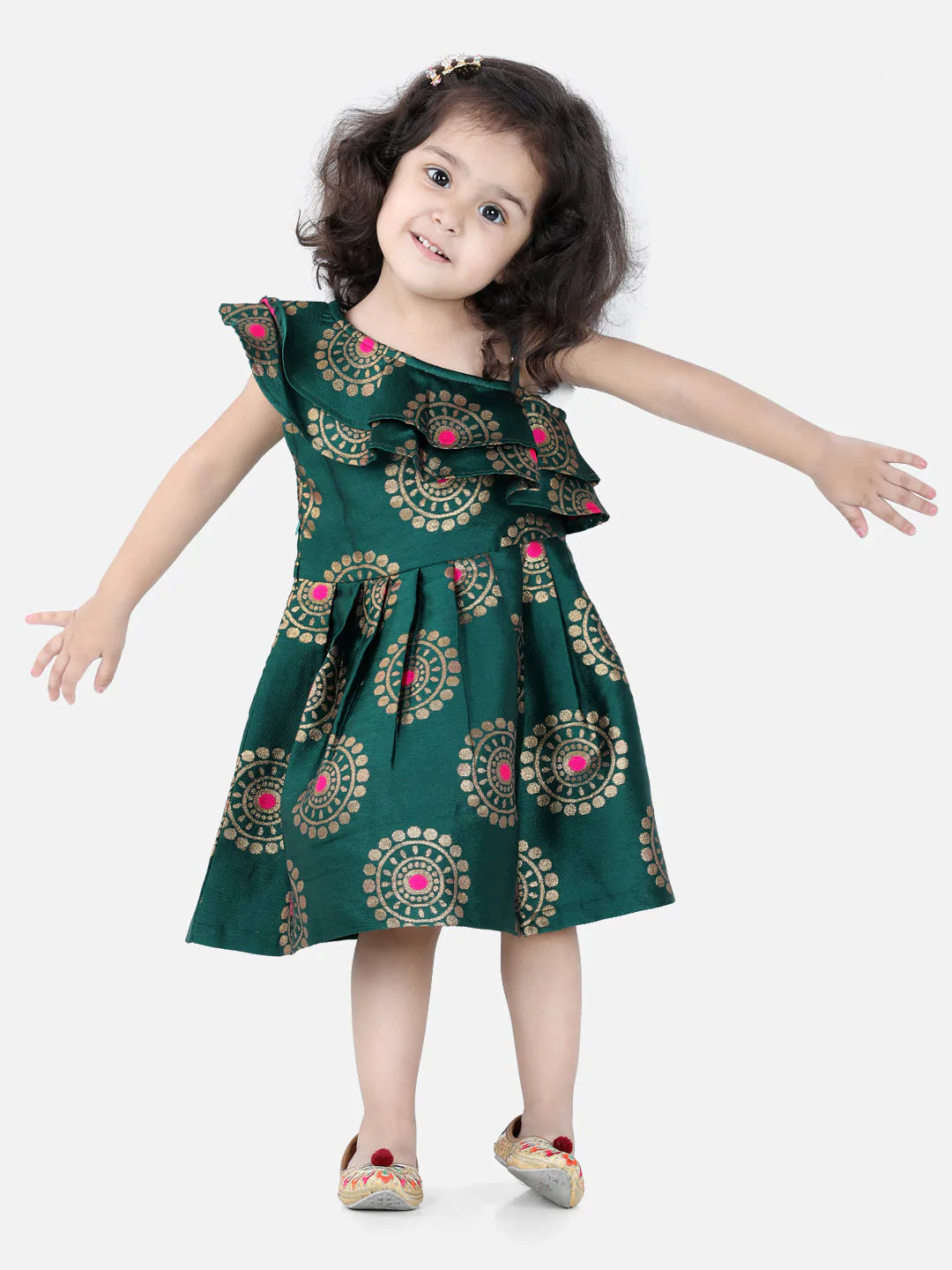 NOZ2TOZ Green Color One Shoulder Frill Jacquard Frock Party Dress For Girls - Distacart
