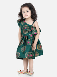 Thumbnail for NOZ2TOZ Green Color One Shoulder Frill Jacquard Frock Party Dress For Girls - Distacart