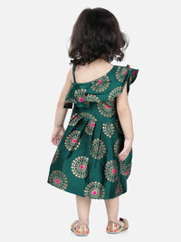 Thumbnail for NOZ2TOZ Green Color One Shoulder Frill Jacquard Frock Party Dress For Girls - Distacart