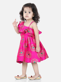 Thumbnail for NOZ2TOZ Pink Color One Shoulder Frill Jacquard Frock Party Dress For Girls - Distacart
