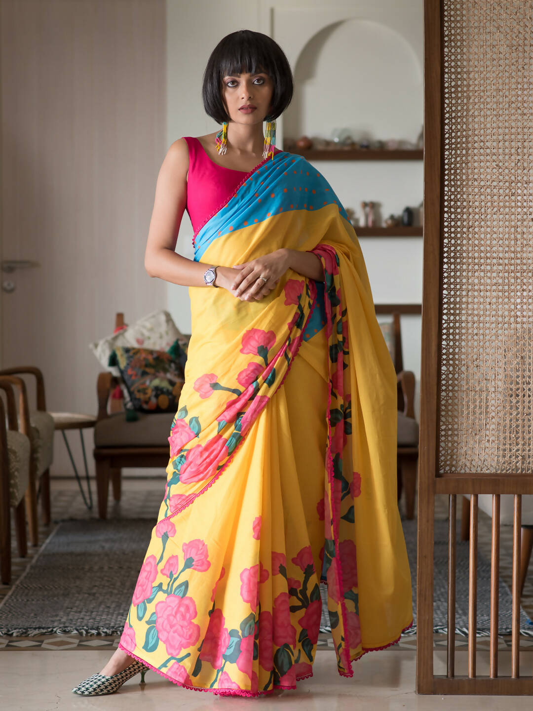 Suta Yellow Floral Pure Cotton Saree - Distacart