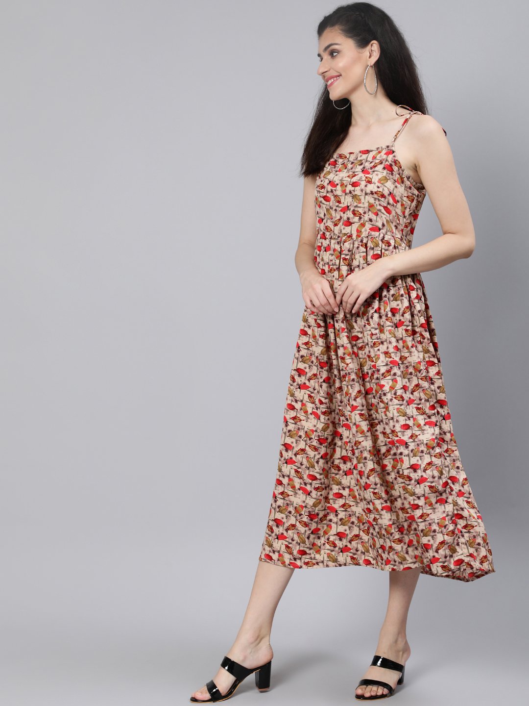 NOZ2TOZ Women Beige Printed Maxi Dress With Flared - Distacart