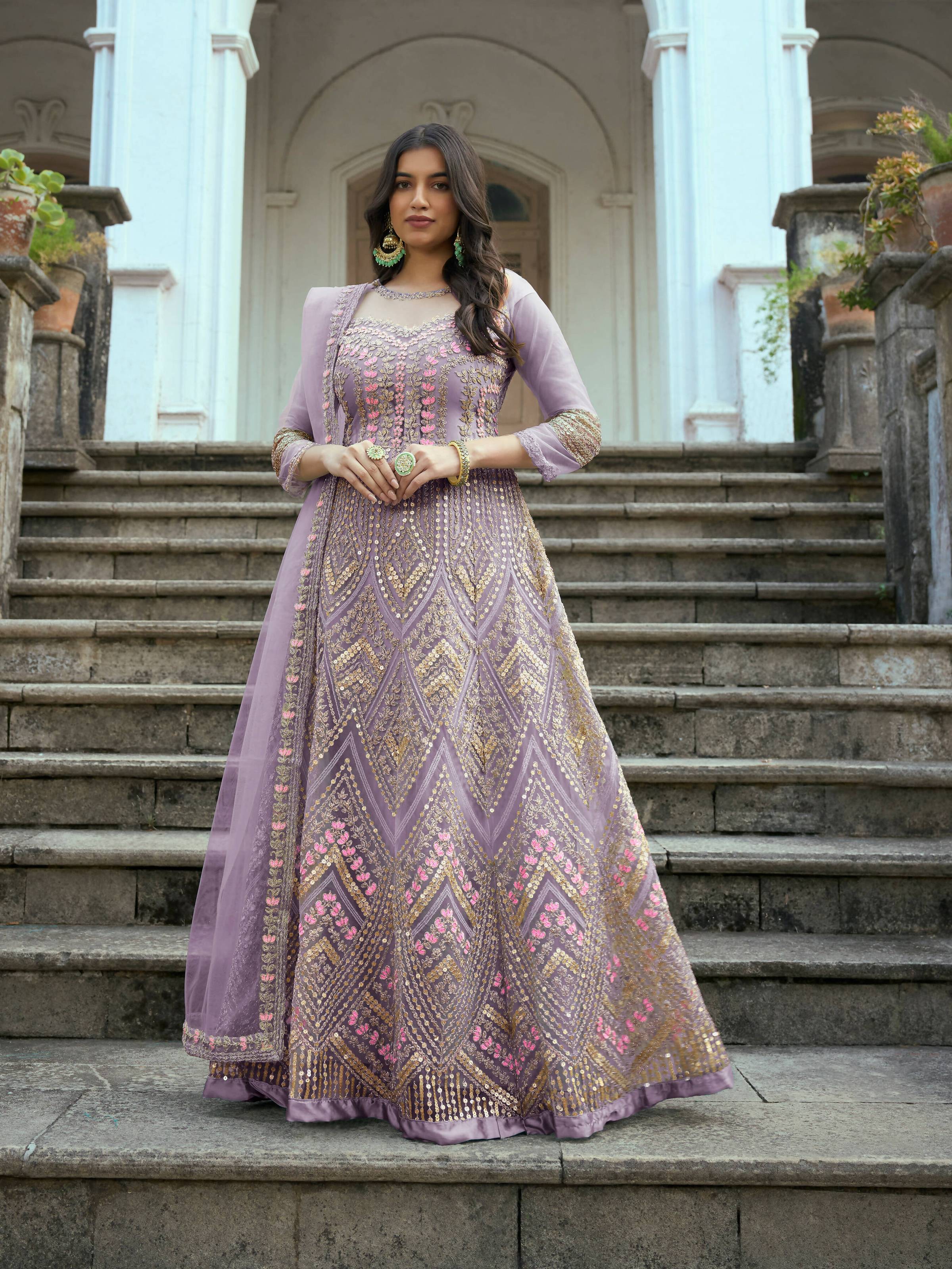 Lavender Butterfly Net Anarkali Embroidered Kurta Set - Aadishri - Distacart