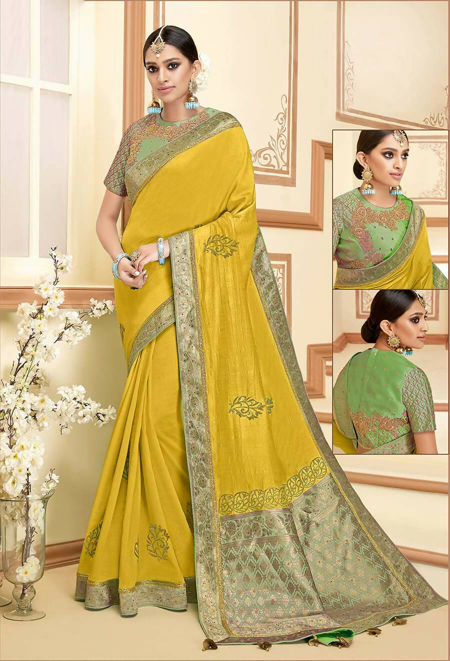 Yellow Silk Zari And Cord Embroidery, Laser Cut Buttas, Tassels Saree - Norita Alankrita - Distacart