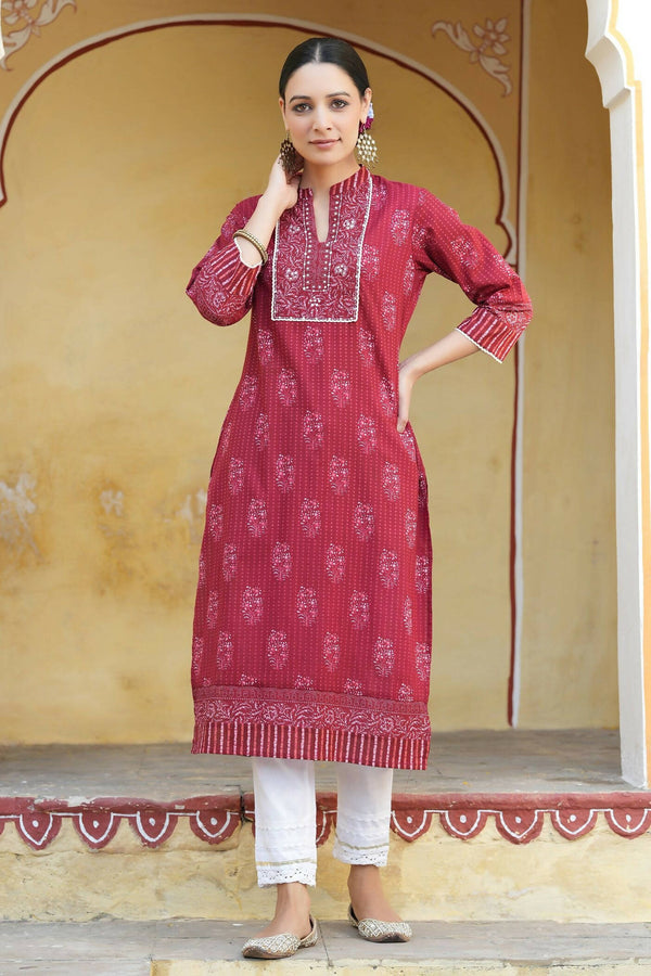 Juniper Women's Marron Cotton Cambric Floral Printed Straight Kurta - Distacart