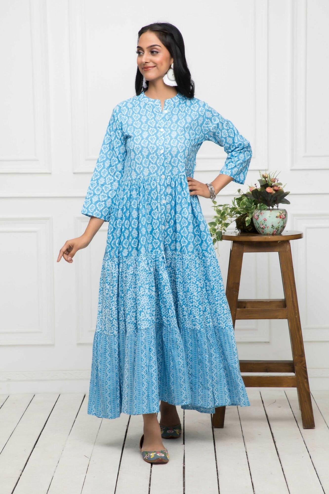 Myshka Women Blue Floral Cotton A-Line Mandarin Collar Long Dress - Distacart