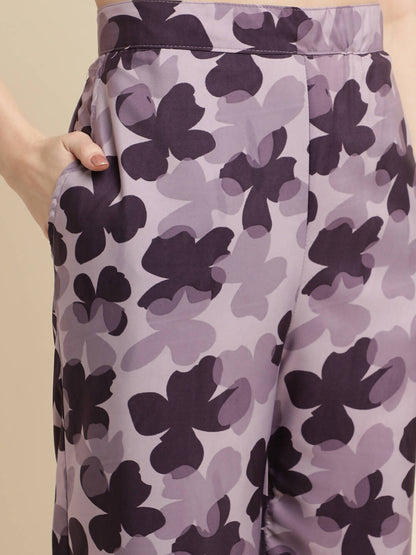 Purple Poly Crepe Digital Printed Top with Matching Bottom - Preeti - Distacart