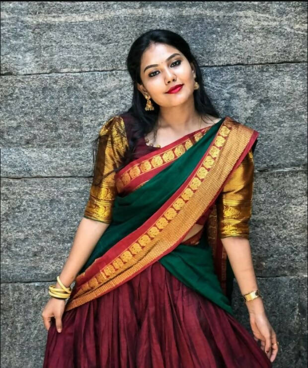 DEIANA'S Beautiful KanJivaram Silk Jari Lahengha Choli - Wine - Distacart