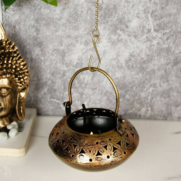 CraftVatika Gold-Toned Metal Degchi Hanging Tealight Candle Holder - Distacart