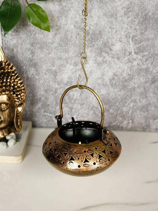 CraftVatika Gold-Toned Metal Degchi Hanging Tealight Candle Holder - Distacart