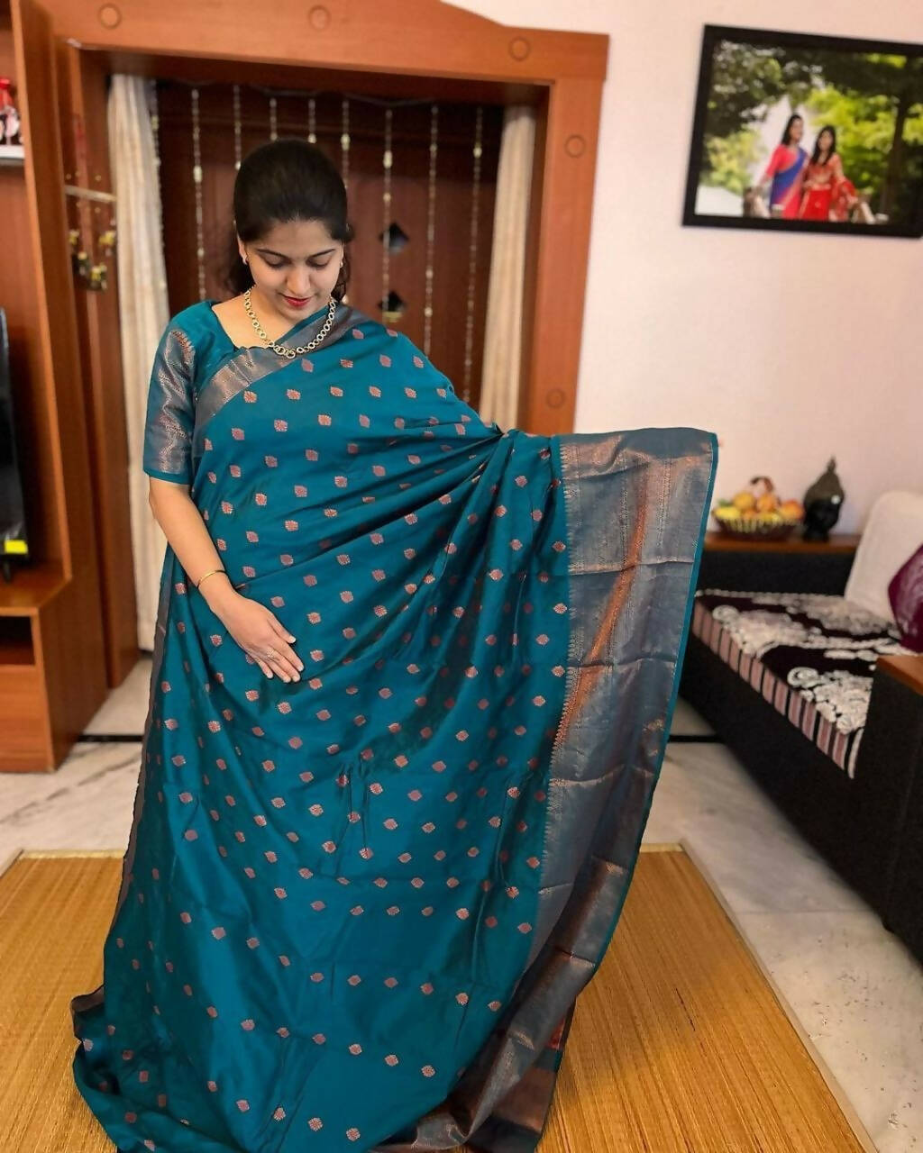DEIANA'S Beautiful Golden Jari with New Design Soft Lichi Silk Saree - Teal - Distacart