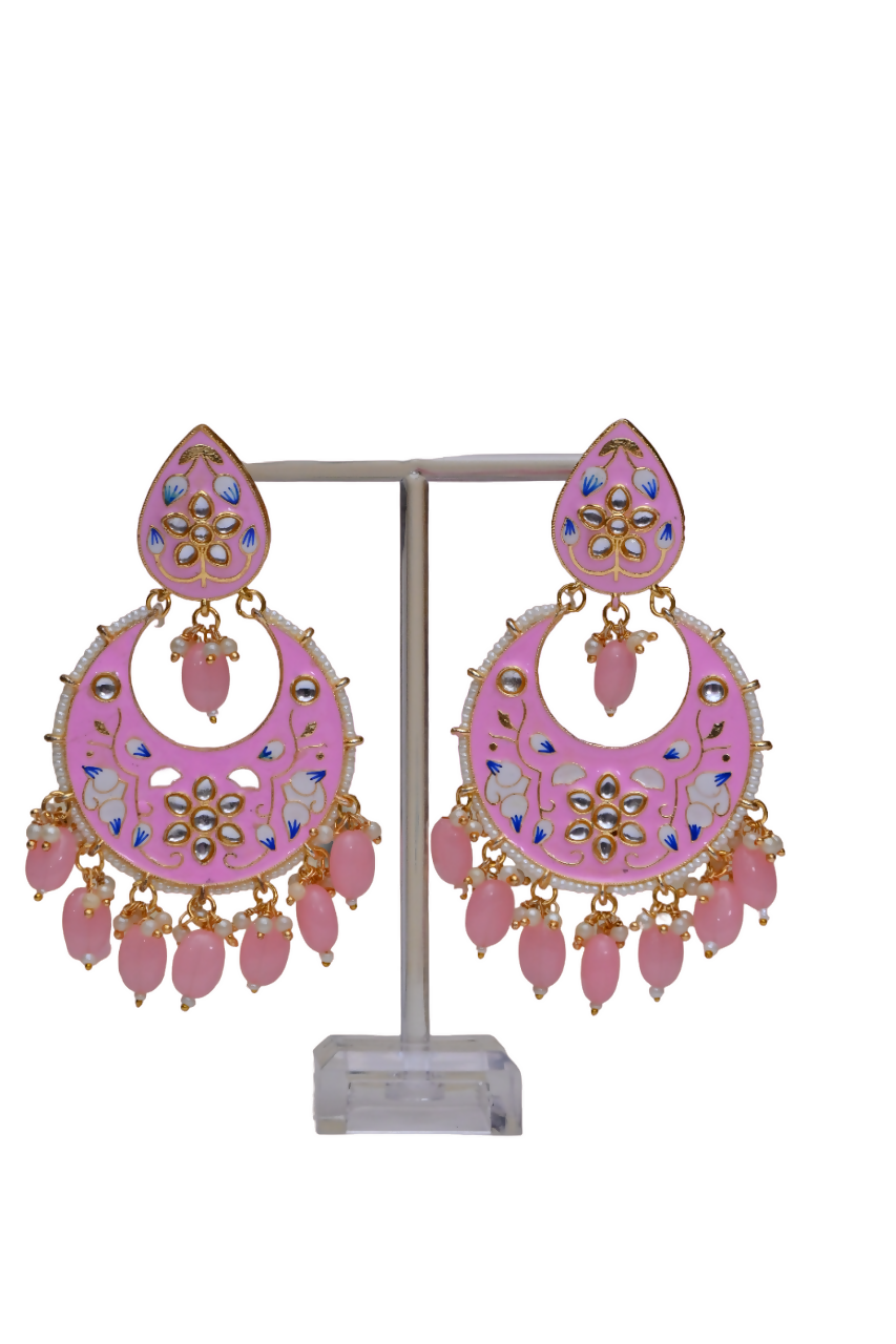 Gold Plated Brass & Pearl Dangle Women Baby Pink Hand Painted Meenakari Chandbali Earrings By House of Ree - Distacart