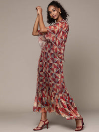 Thumbnail for Ritu Kumar Women Red & Beige Geometric Printed Ruffle Detail A-Line Maxi Dress - Distacart