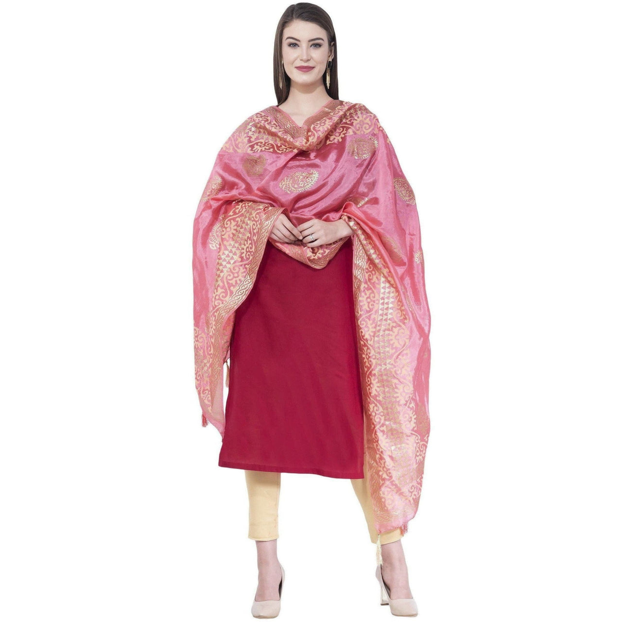 A R Silk Women's Gold Print Silk Light Pink Dupattas and Chunnis