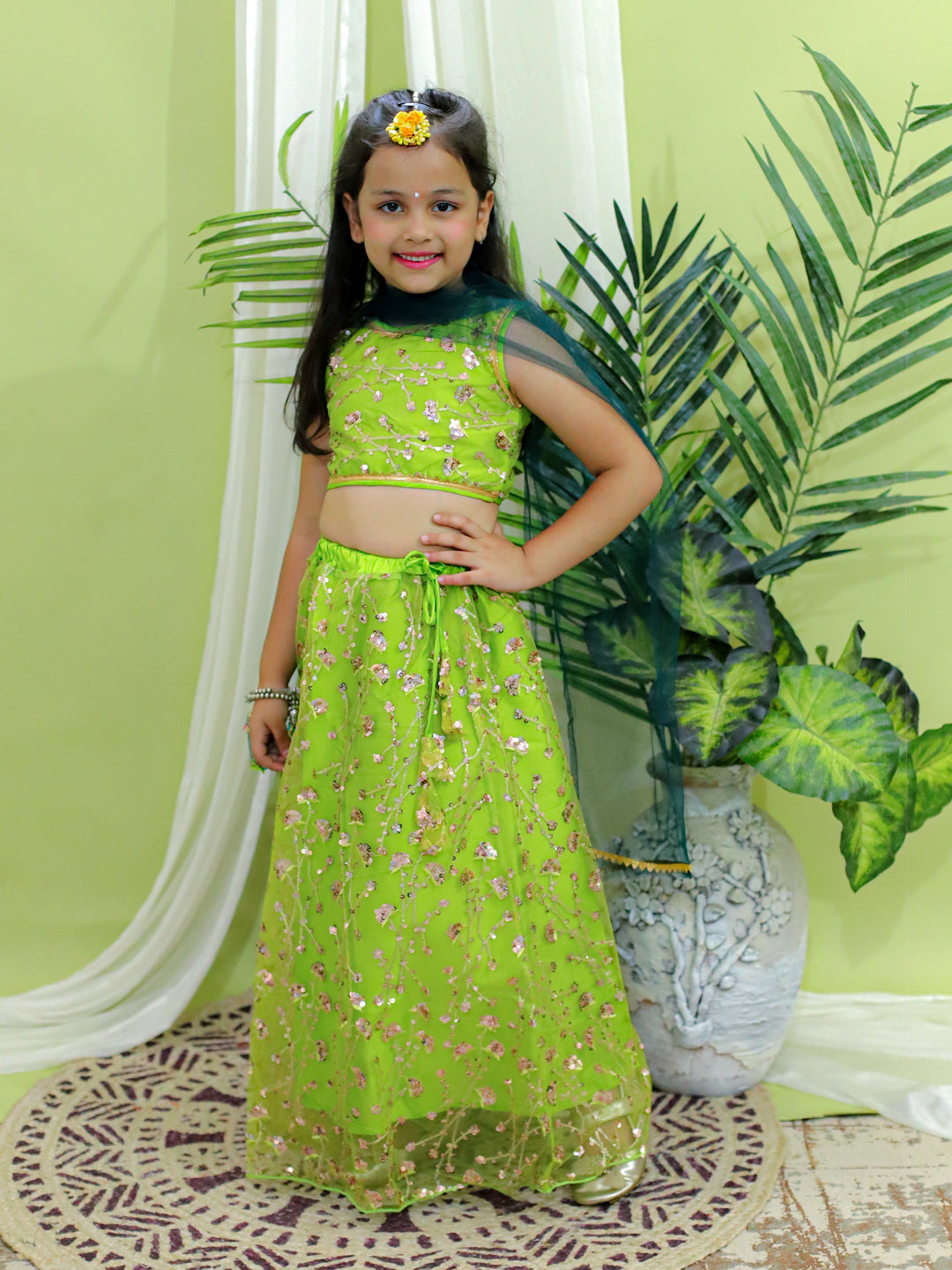 NOZ2TOZ Kids Girls Ethnic Festive and Wedding Wear Sequin Party Lehenga Choli With Dupatta for - Green - Distacart