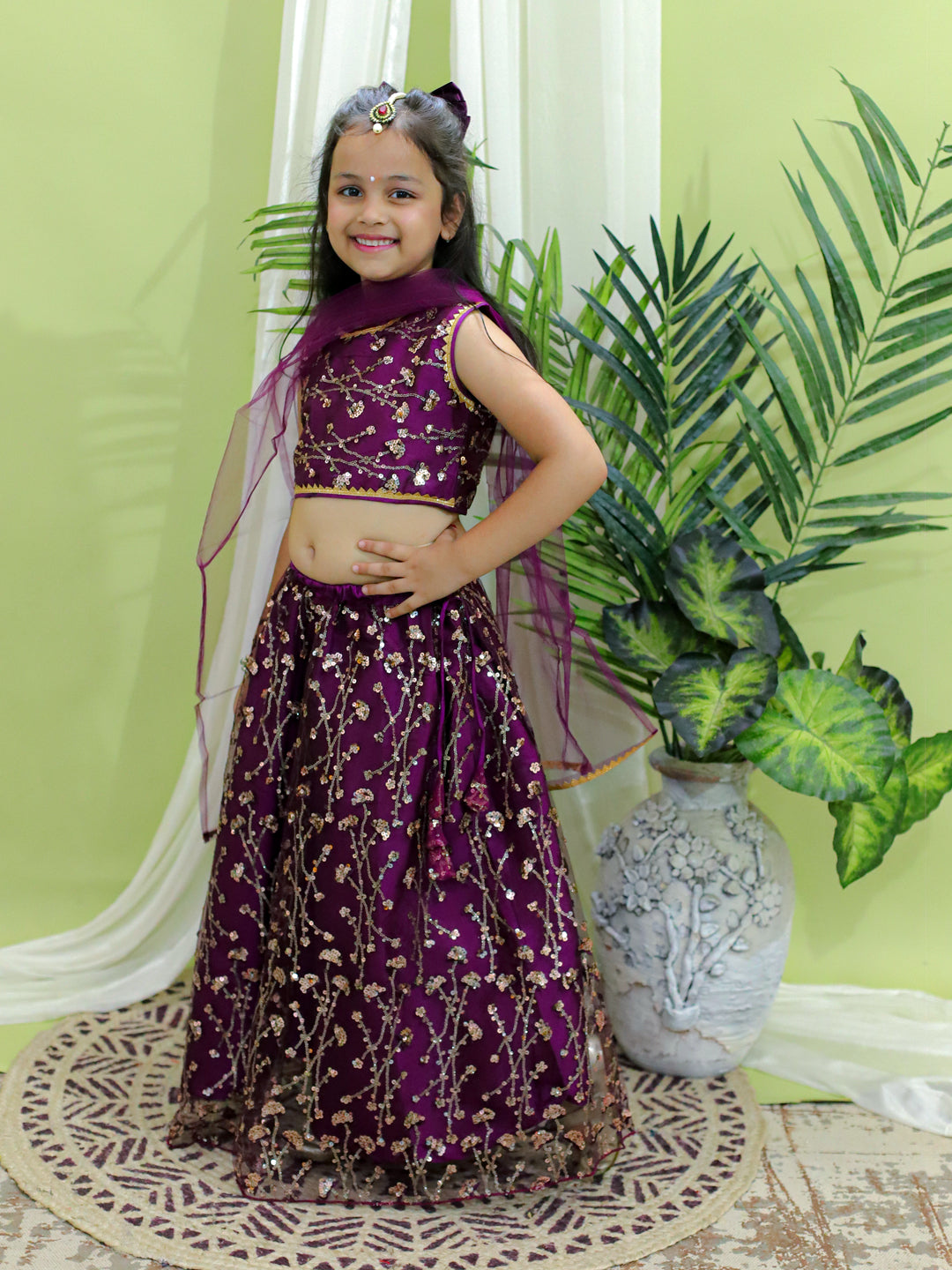 NOZ2TOZ Kids Girls Ethnic Festive and Wedding Wear Sequin Party Lehenga Choli With Dupatta - Wine - Distacart