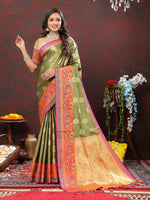 Thumbnail for Lorenvalley Fashion Mehndi Kanjivaram Silk Woven Design with Zari Weaving Saree - Distacart
