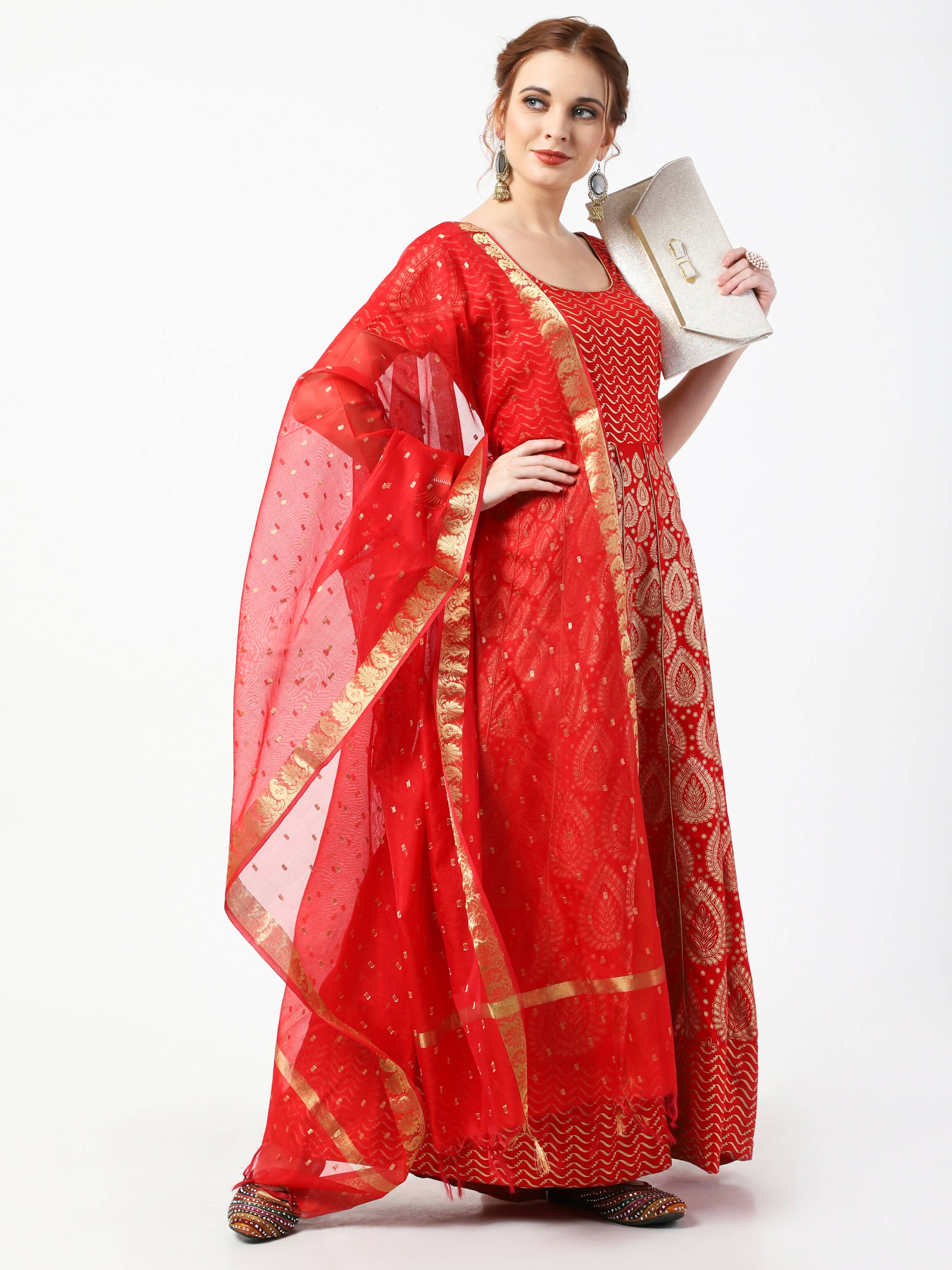 Cheera Women's Red Chanderi Silk & Rayon Hand Block Print Long Dress With Silk Dupatta Set - Distacart