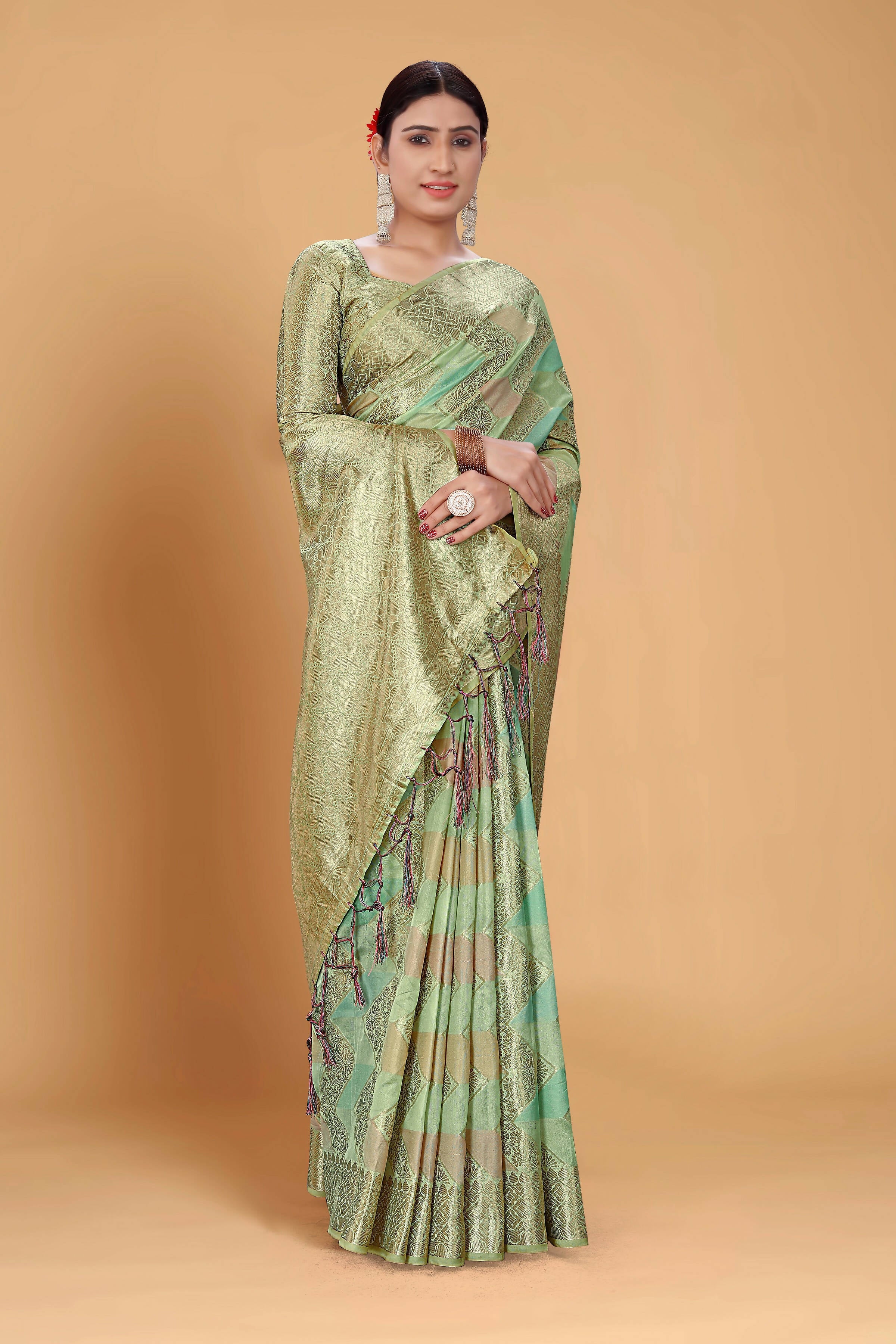 Sea Green Soft Organza Woven Design Saree With Unstitched Blouse Piece - Zaara - Distacart