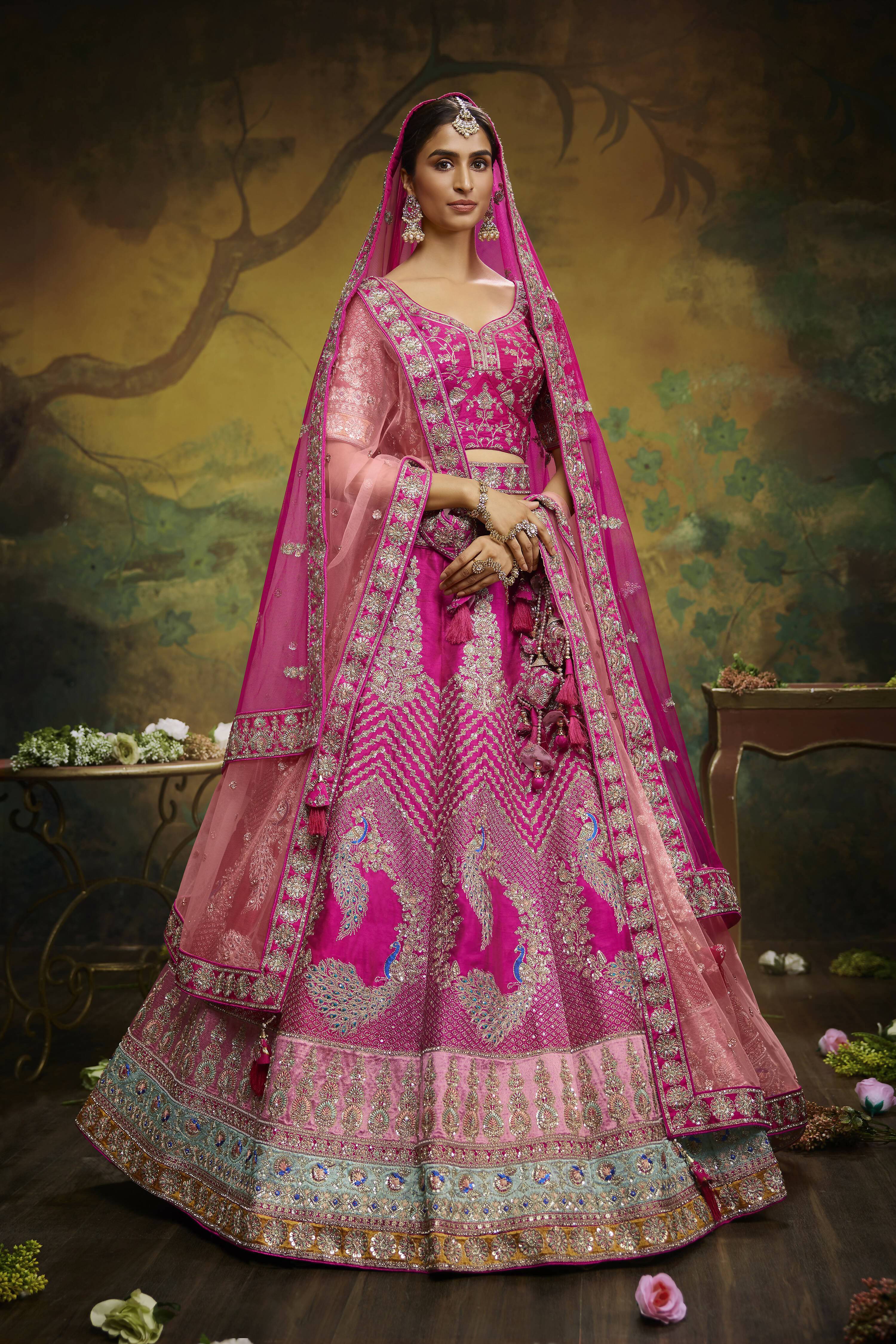 House of Panchhi Pink Pure Silk Moti & Zarkan heavy embroidery Lehenga choli & Dupatta - Distacart