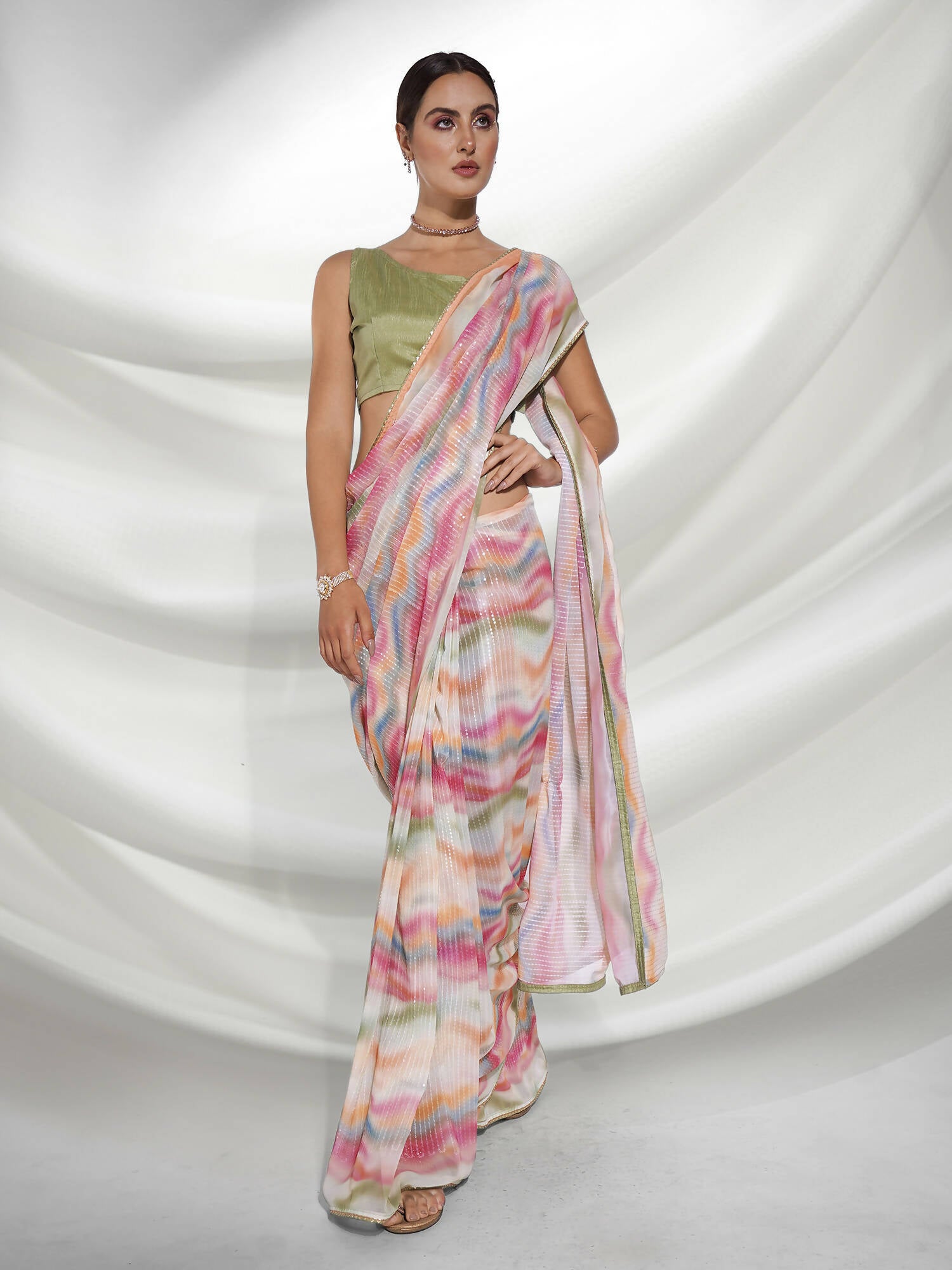 Pink Georgette Sequence Embroidery Saree With Unstitched Blouse Piece - Rajal - Distacart