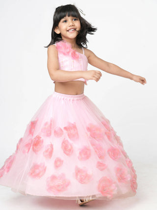 Lil Drama Paris Nights Girls Pink 3D Flower Embellished Lehanga Top - Distacart
