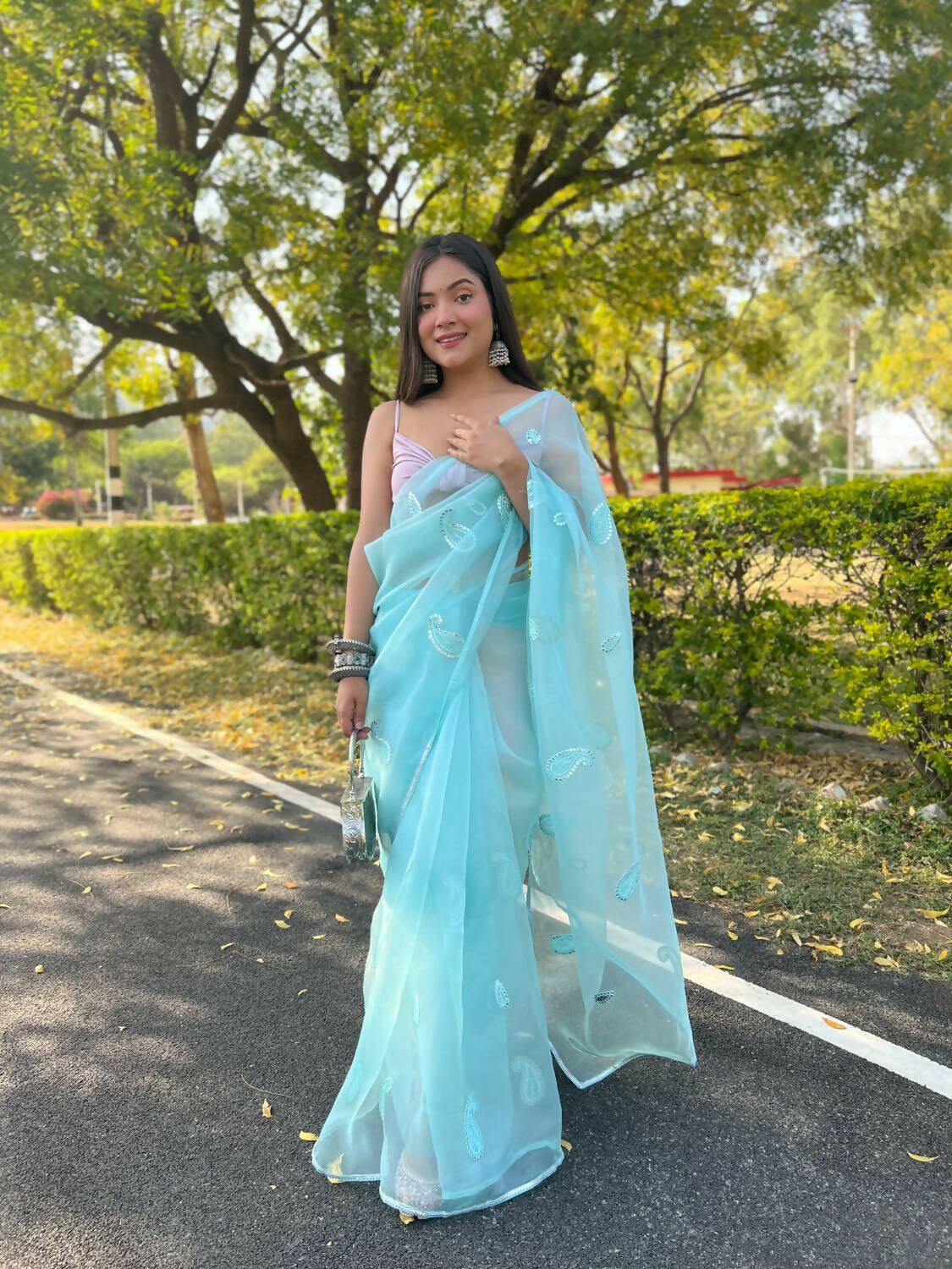 Vastrasky Sky Blue Organza Saree - Distacart