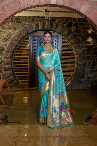 Vishnu Weaves Women's Sea Green Paithani Silk Zari Woven Saree with Unstitched Blouse - Distacart