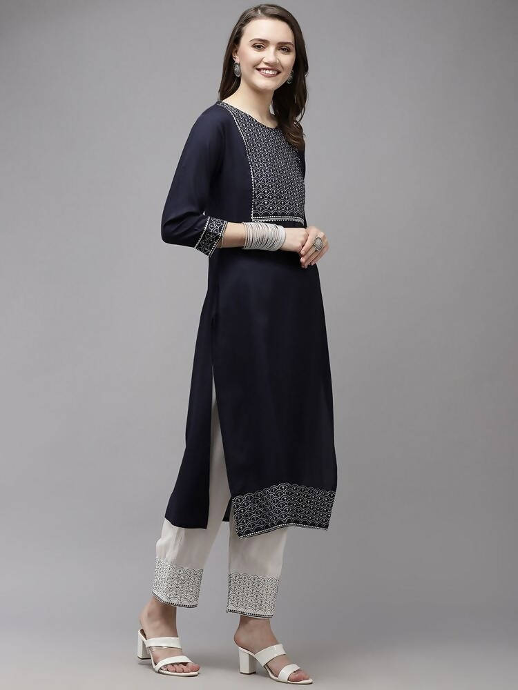 Yufta Women Navy Blue Yoke Design Regular Sequinned Kurta with Palazzo & With Dupatta