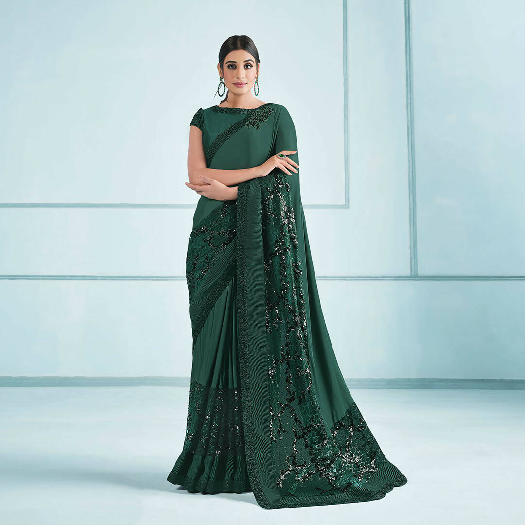 Green Lycra sequence Saree with Unstitched Blouse Piece - Norita Elaura - Distacart
