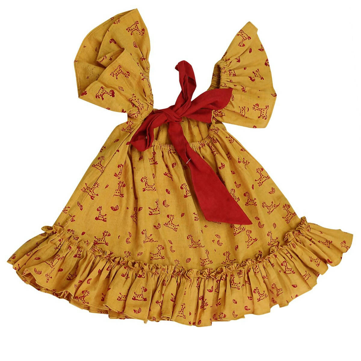 Mhyssa Half Frill Sleeves Square Neck Yellow Block Printed Frock - Distacart