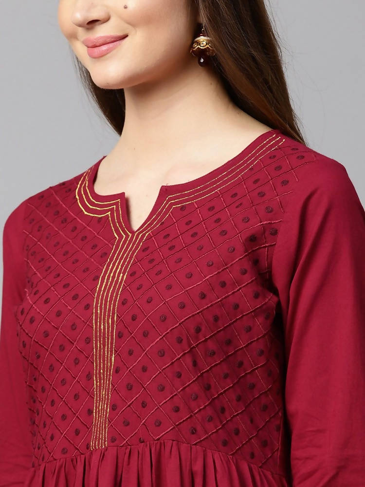 Yufta Women Maroon Embroidered Tiered Anarkali Kurta
