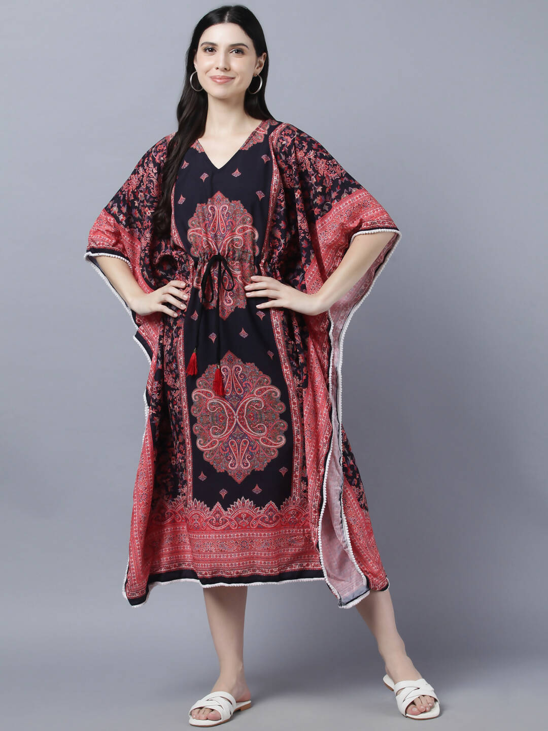 Myshka Peach-Coloured Purple Floral Kaftan Midi Dress - Distacart