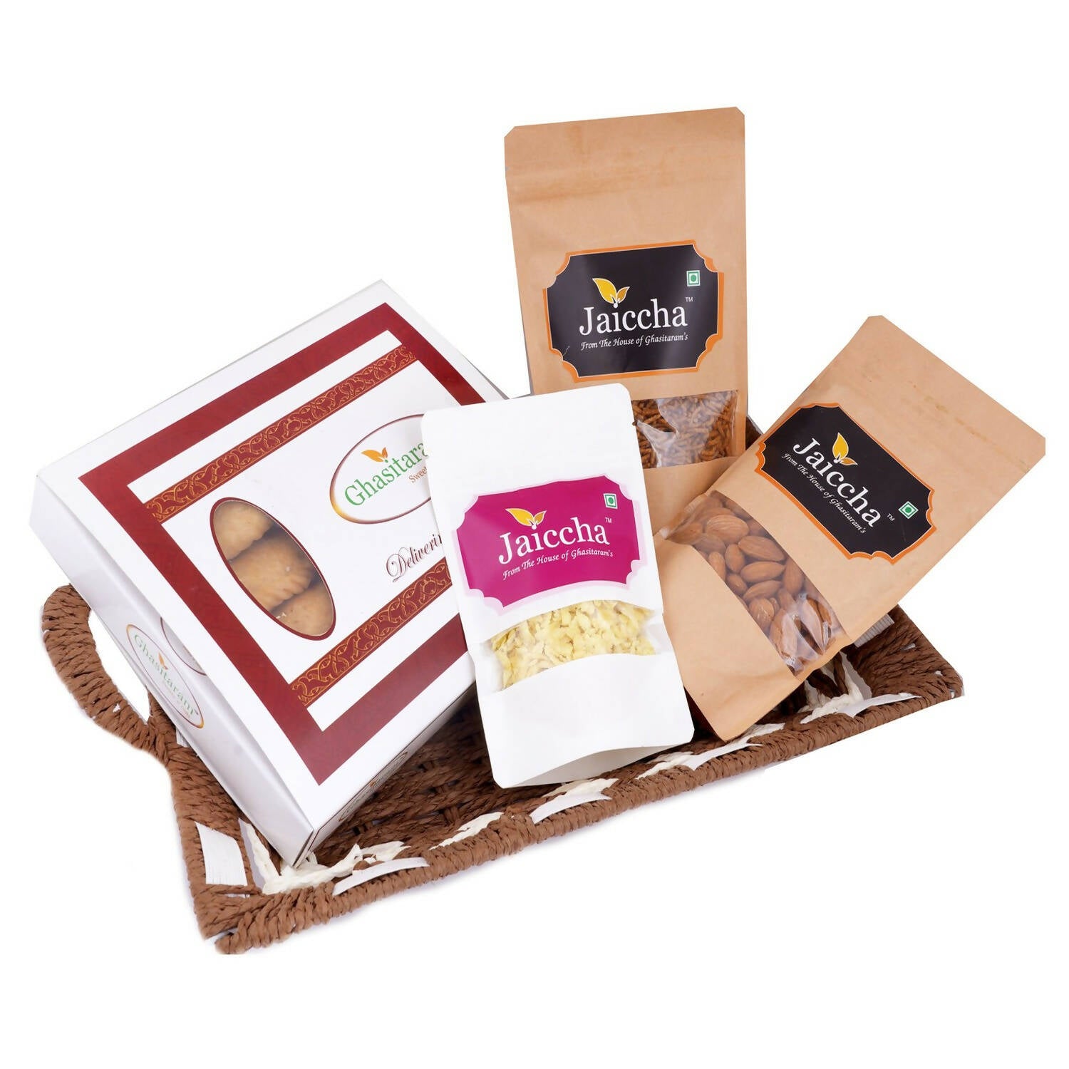 Ghasitaram Brown and White Basket Sugarfree Gujiya, Chiwda, Flavoured Almonds, Nachini Sev Pouches - Distacart