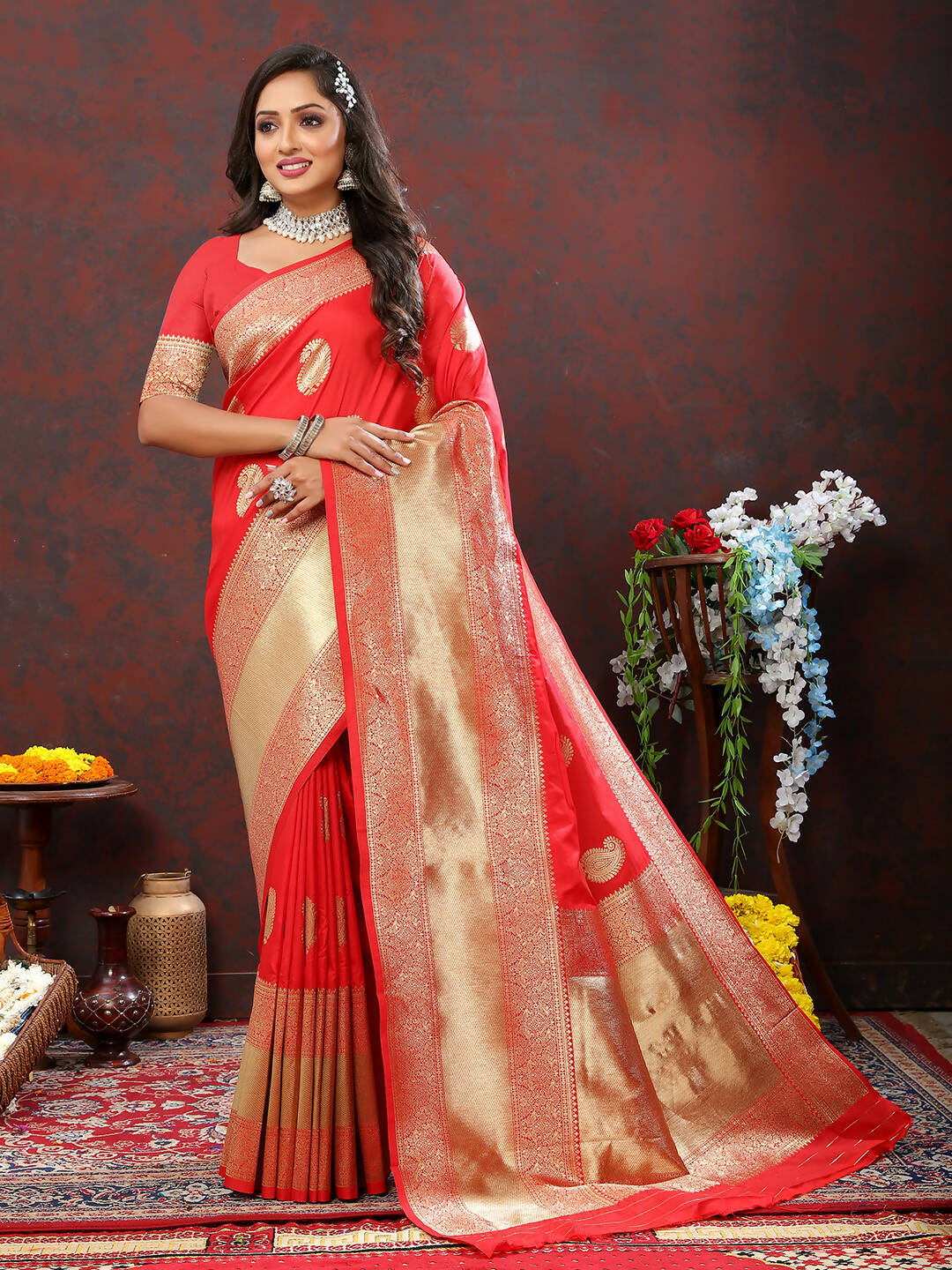 Lorenvalley Fashion Red Soft Silk Woven Design Gold Zari Weaving Saree - Distacart
