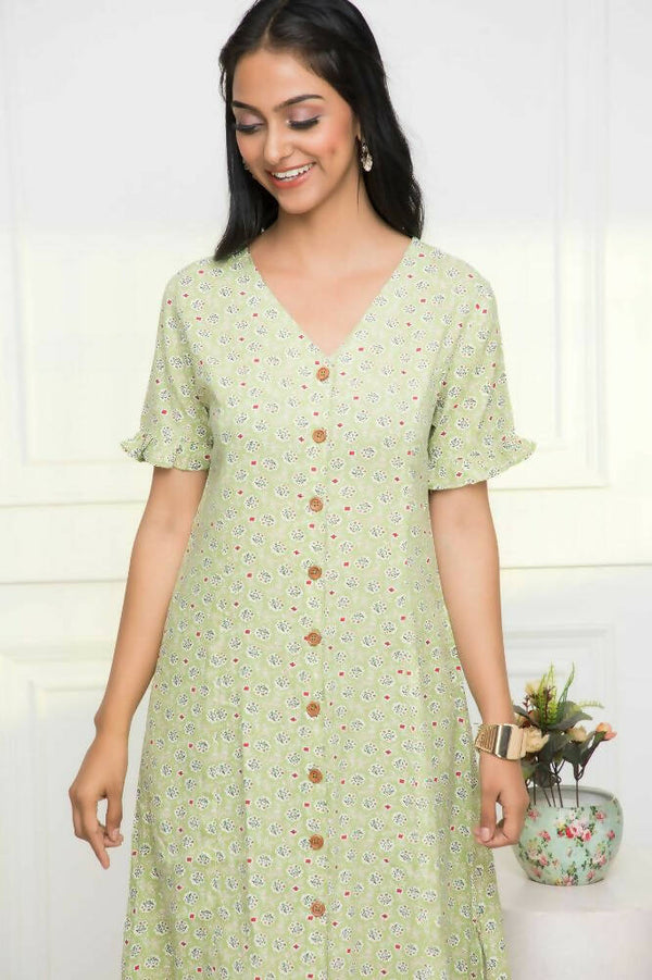 Myshka Women Ethnic Motifs Rayon A-Line V-Neck Green Dress - Distacart