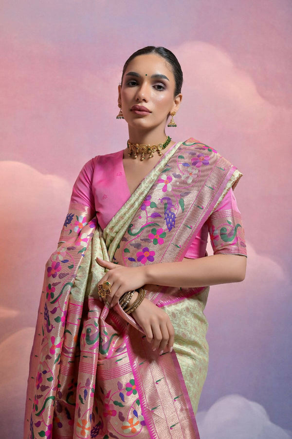 Vishnu Weaves Women's Pista Paithani Silk Zari Woven Saree with Blouse - Distacart