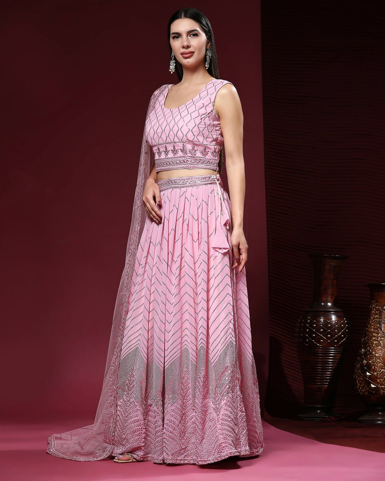 Pink Pure Viscose Georgette Sequence Embroidery work Lehenga Choli with Dupatta - Aakriti - Distacart