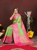 Thumbnail for Lorenvalley Fashion Green Cotton Woven Design Zari Meenakari Weaving Saree - Distacart