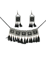Thumbnail for Mominos Fashion Johar Kamal Oxidised Silver-Plated Brass Finish Tassel Work Handicraft Choker For Women (Black) - Distacart
