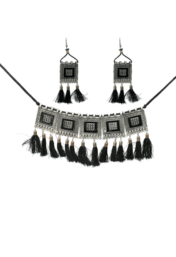 Mominos Fashion Johar Kamal Oxidised Silver-Plated Brass Finish Tassel Work Handicraft Choker For Women (Black) - Distacart