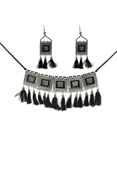 Mominos Fashion Johar Kamal Oxidised Silver-Plated Brass Finish Tassel Work Handicraft Choker For Women (Black) - Distacart