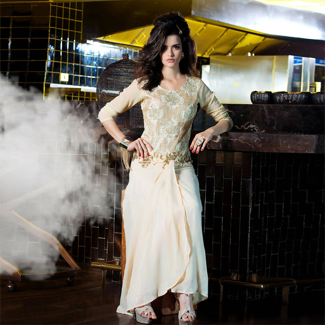 Off White Georgette Floral Embroidered A-line Kurti - Missy - Distacart