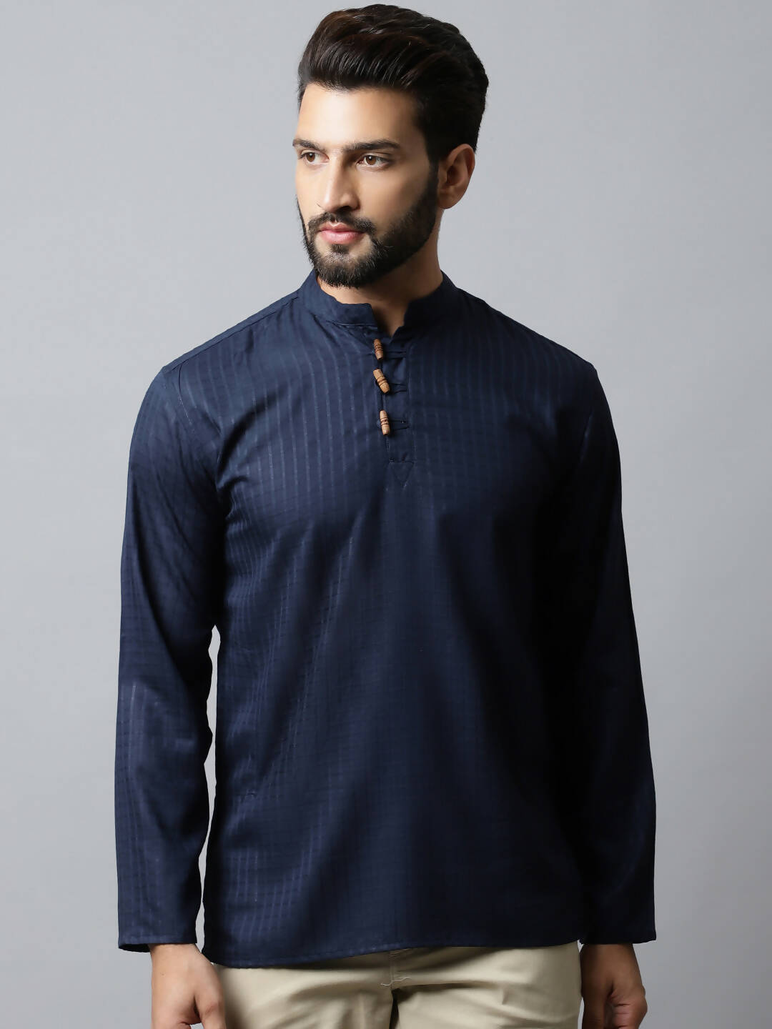Navy Blue Kurta With Contrasting Detailed Placket With Madarin Collar main image 1
