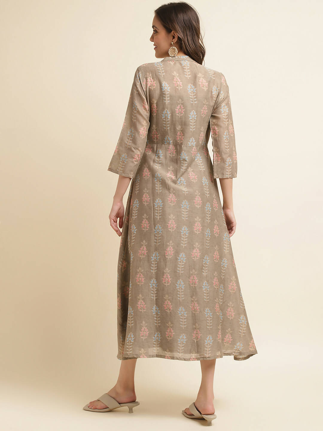 Brown Cotton Solid Flared Dress with Printed Shrug - Yukti - Distacart