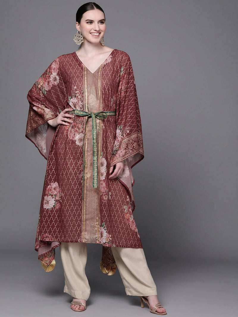 Ahalyaa Women Maroon Floral Printed Flared Sleeves Kaftan Kurta - Distacart