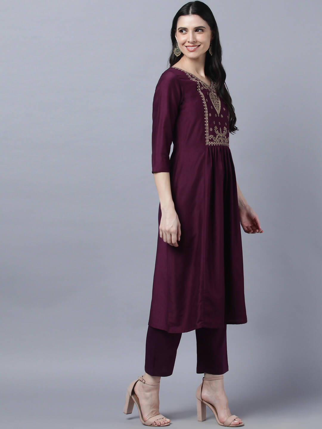 Myshka Stylish Maroon 3/4 Sleeve Women's Kurta Pant with Dupatta Set - Distacart