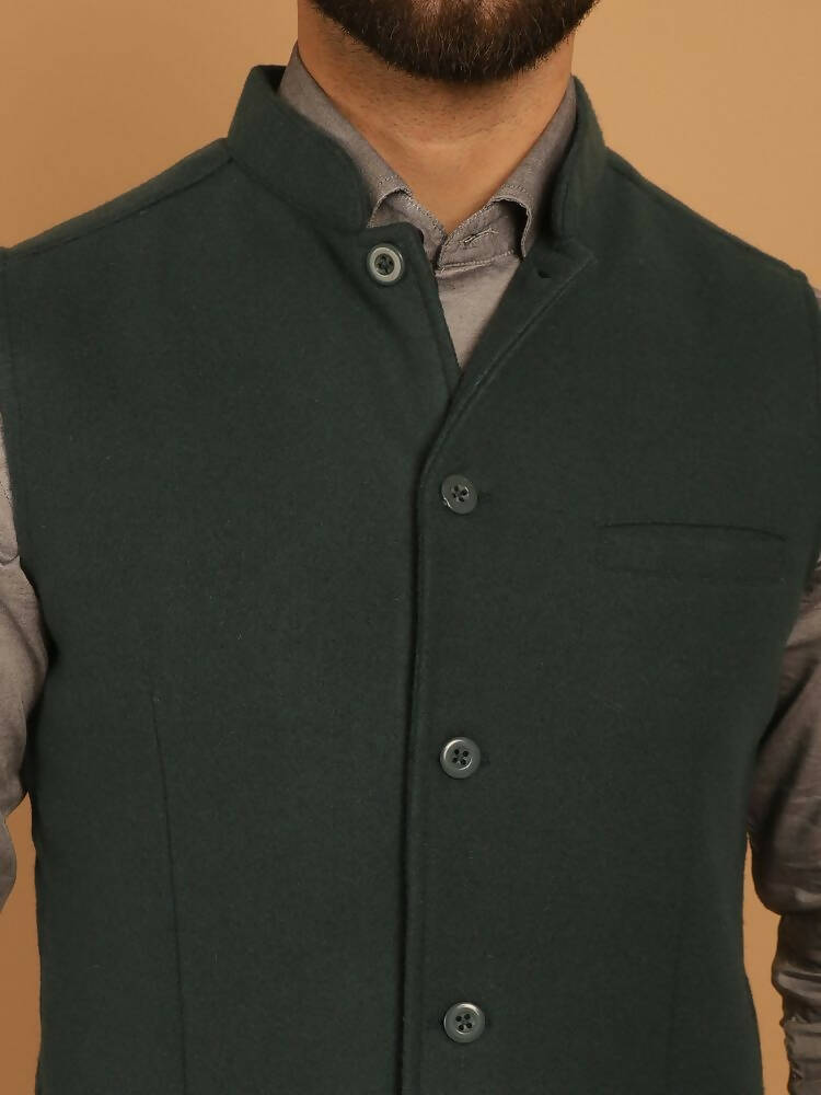 Even Apparels Pure Wool Nehru Jacket - Green - Distacart