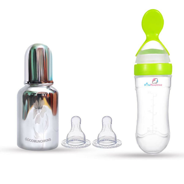 Goodmunchkins Stainless Steel Feeding Bottle & Spoon Food Feeder Anti Colic Silicone Nipple Combo-(Green,150ml) - Distacart