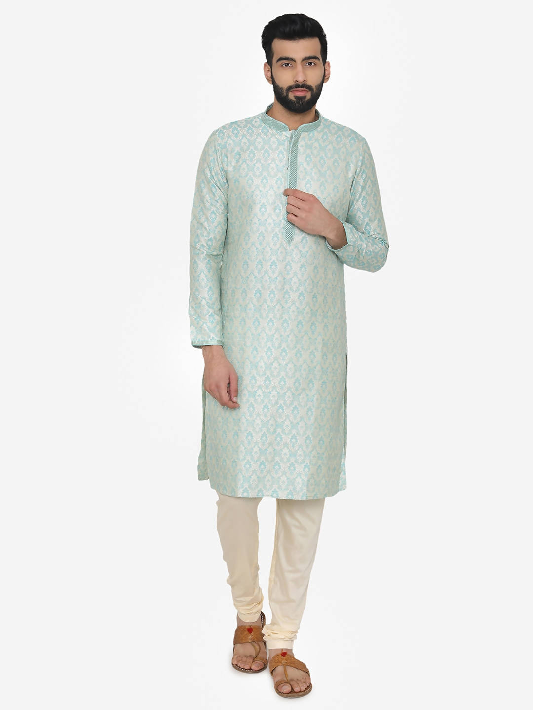 Manyavar Men Turquoise Blue Self Design Kurta with Churidar - Distacart